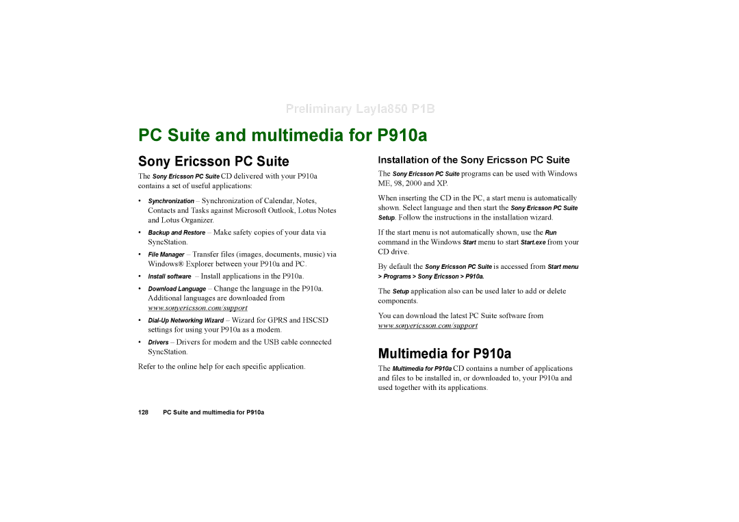 Sony Ericsson manual PC Suite and multimedia for P910a, Sony Ericsson PC Suite, Multimedia for P910a 