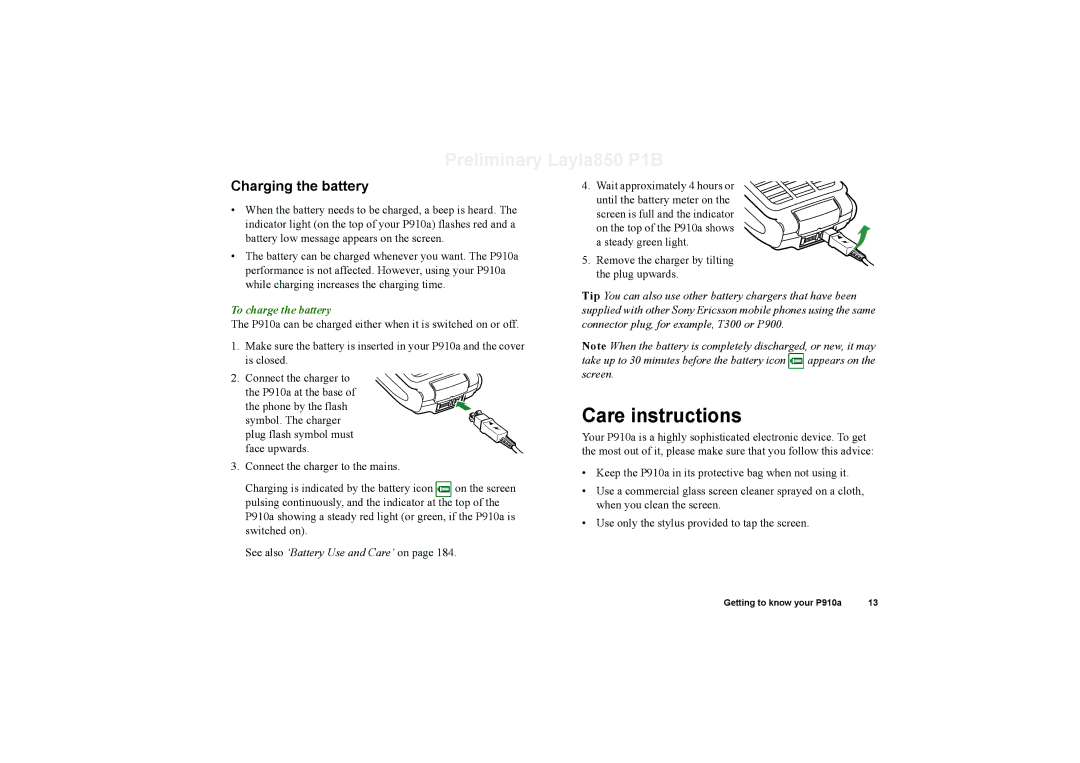 Sony Ericsson P910a manual Care instructions, Charging the battery, To charge the battery 