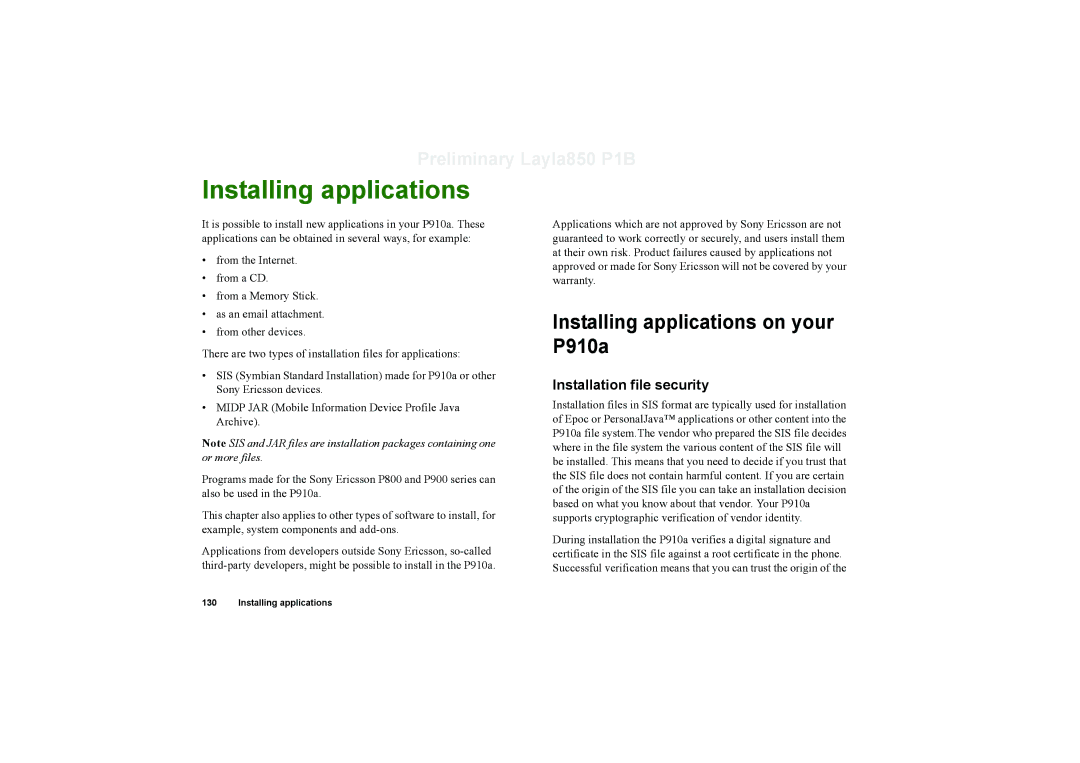Sony Ericsson manual Installing applications on your P910a, Installation file security 