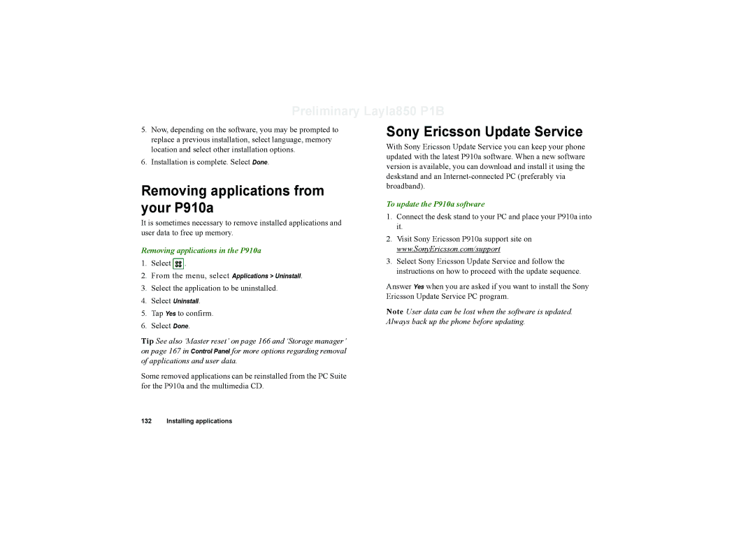 Sony Ericsson Removing applications from your P910a, Sony Ericsson Update Service, Removing applications in the P910a 