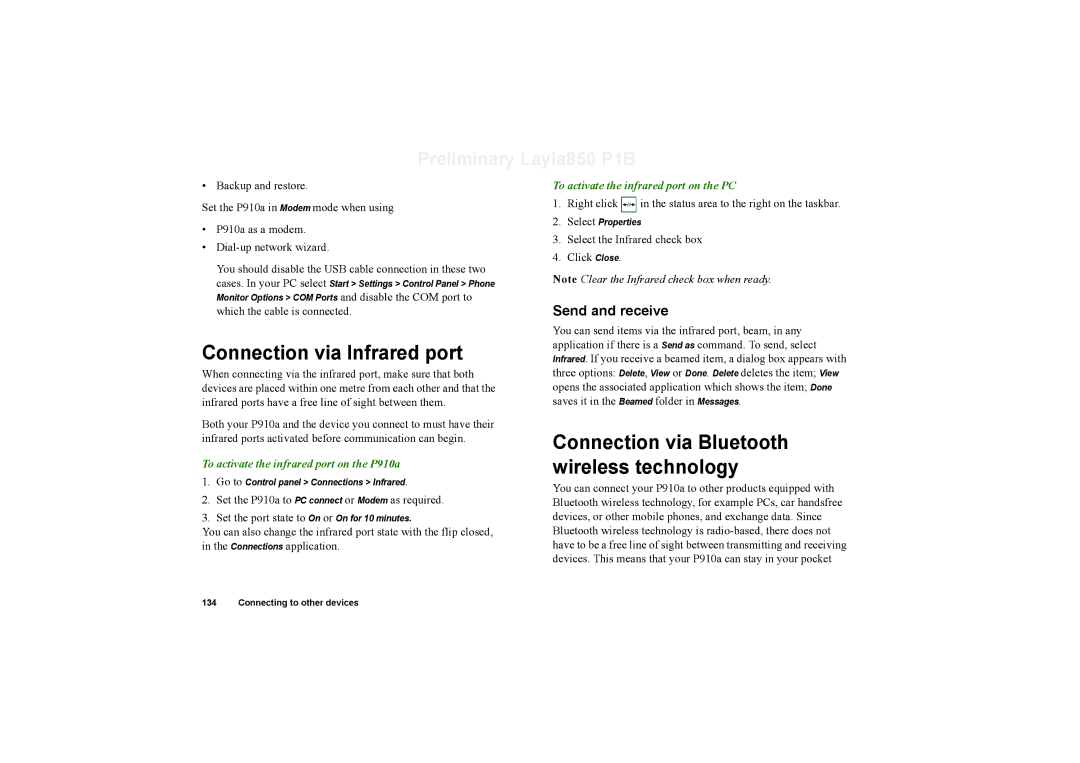 Sony Ericsson P910a manual Connection via Infrared port, Connection via Bluetooth wireless technology, Send and receive 