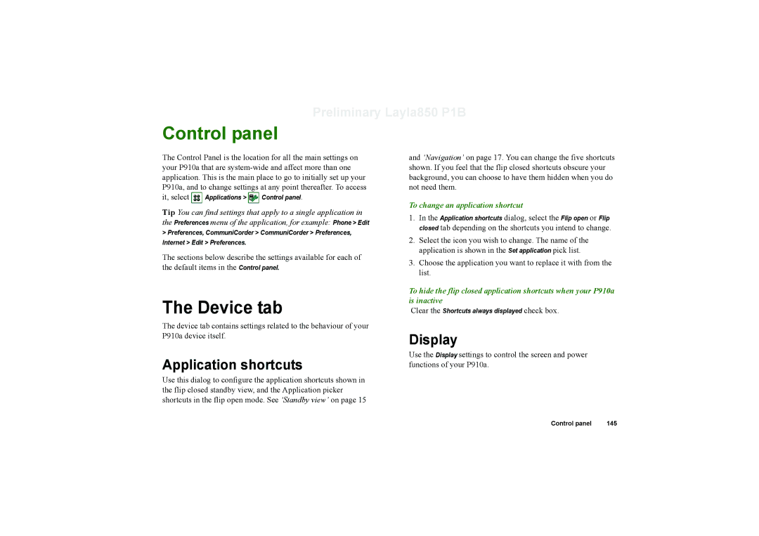 Sony Ericsson P910a manual Control panel, Application shortcuts, Display, To change an application shortcut 