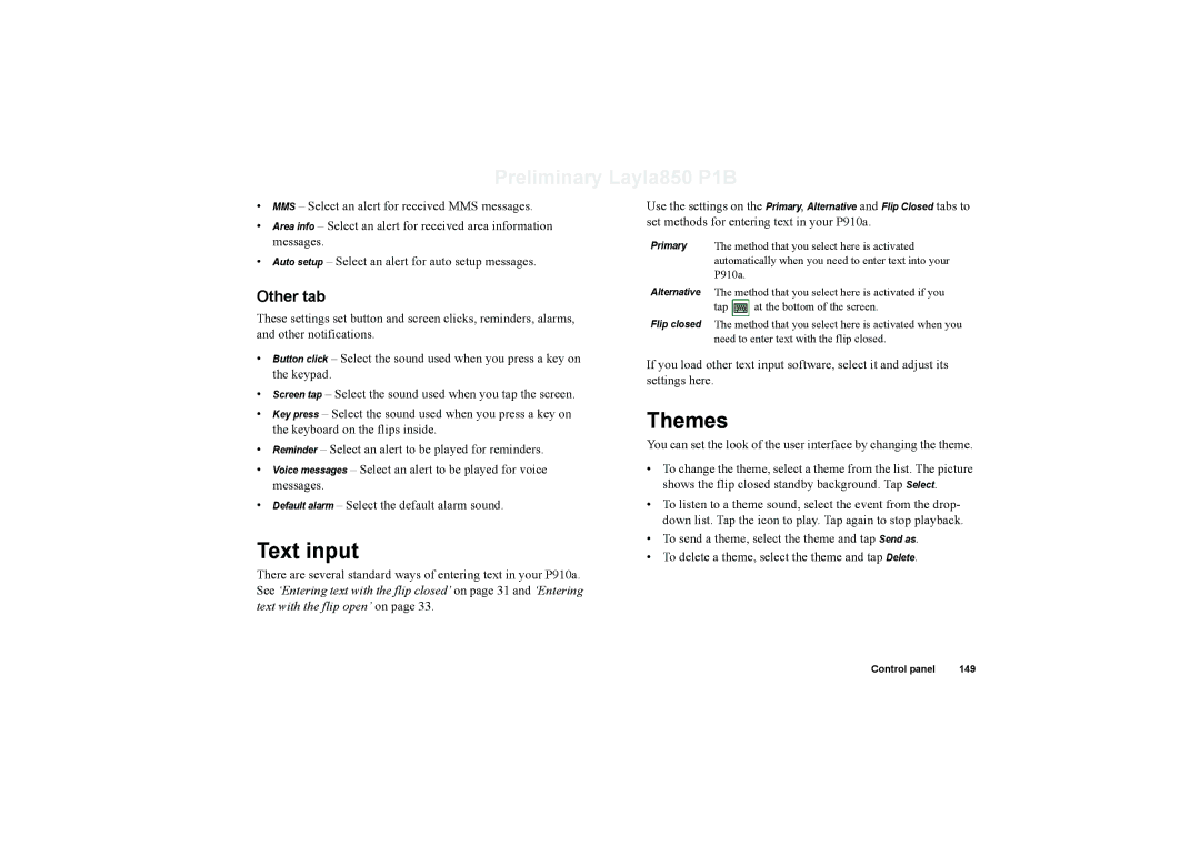 Sony Ericsson P910a manual Text input, Themes, Other tab 