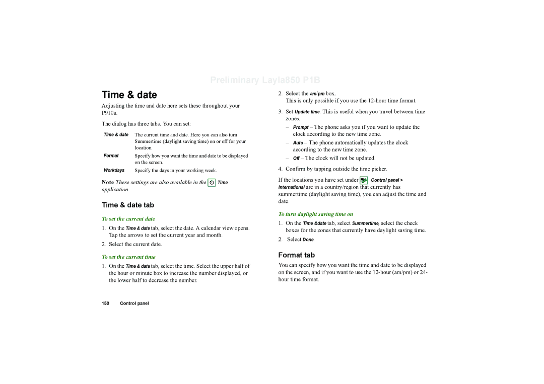 Sony Ericsson P910a manual Time & date tab, Format tab 