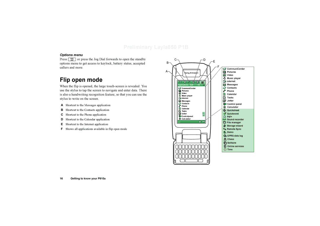 Sony Ericsson P910a manual Flip open mode, Options menu 