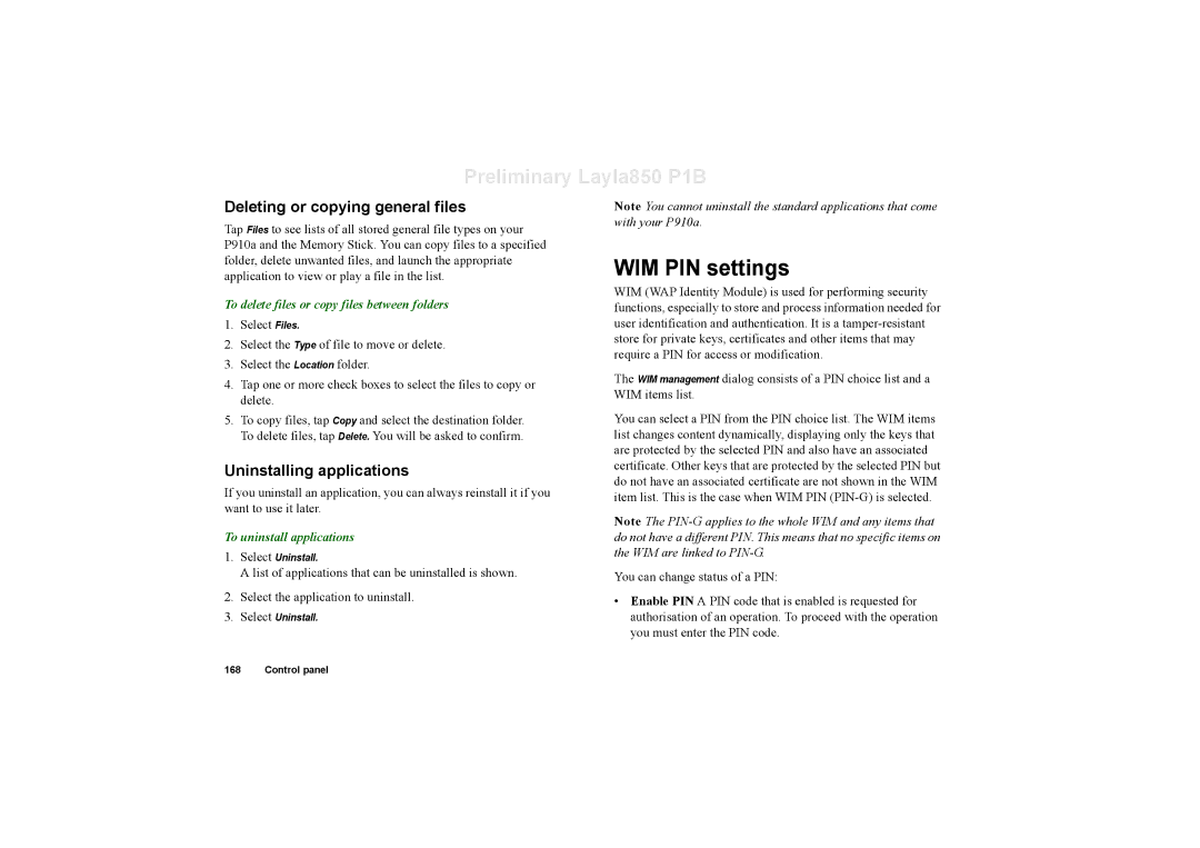 Sony Ericsson P910a manual WIM PIN settings, Deleting or copying general files, Uninstalling applications 