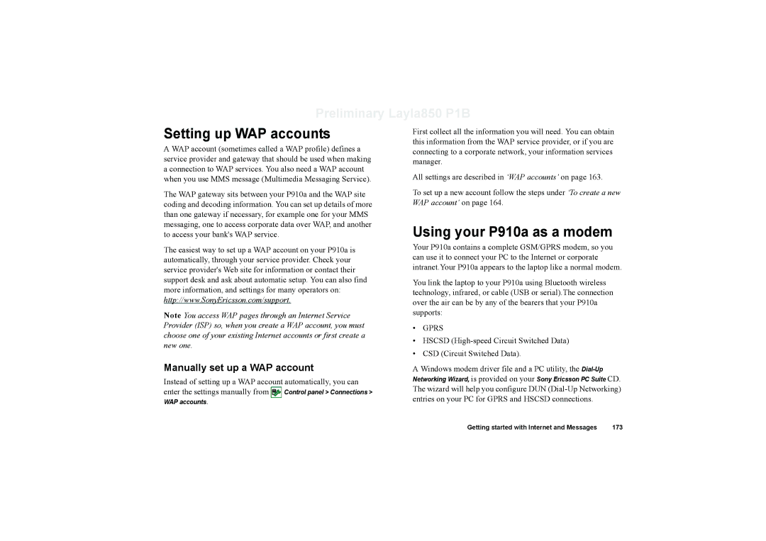 Sony Ericsson manual Setting up WAP accounts, Using your P910a as a modem, Manually set up a WAP account 