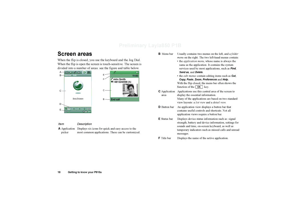 Sony Ericsson P910a manual Screen areas, Menu bar 