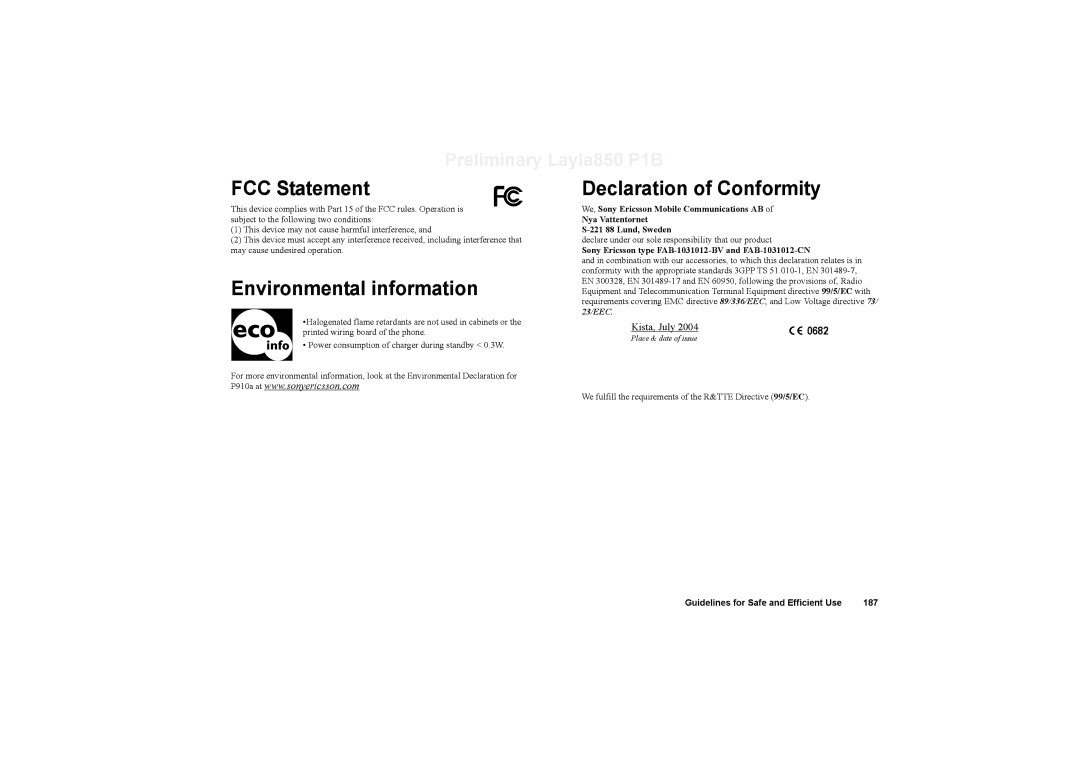 Sony Ericsson P910a manual FCC Statement, Environmental information, Declaration of Conformity, 0682 