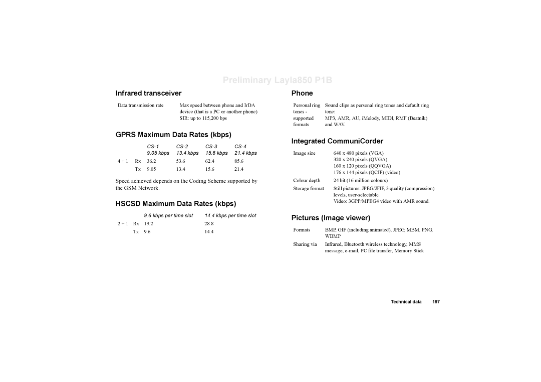 Sony Ericsson P910a manual Infrared transceiver, Gprs Maximum Data Rates kbps, Hscsd Maximum Data Rates kbps, Phone 