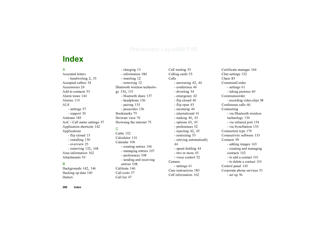 Sony Ericsson P910a manual Index, Als 