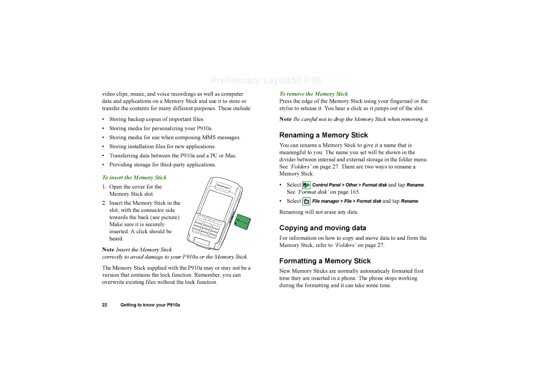 Sony Ericsson P910a manual Renaming a Memory Stick, Copying and moving data, Formatting a Memory Stick 