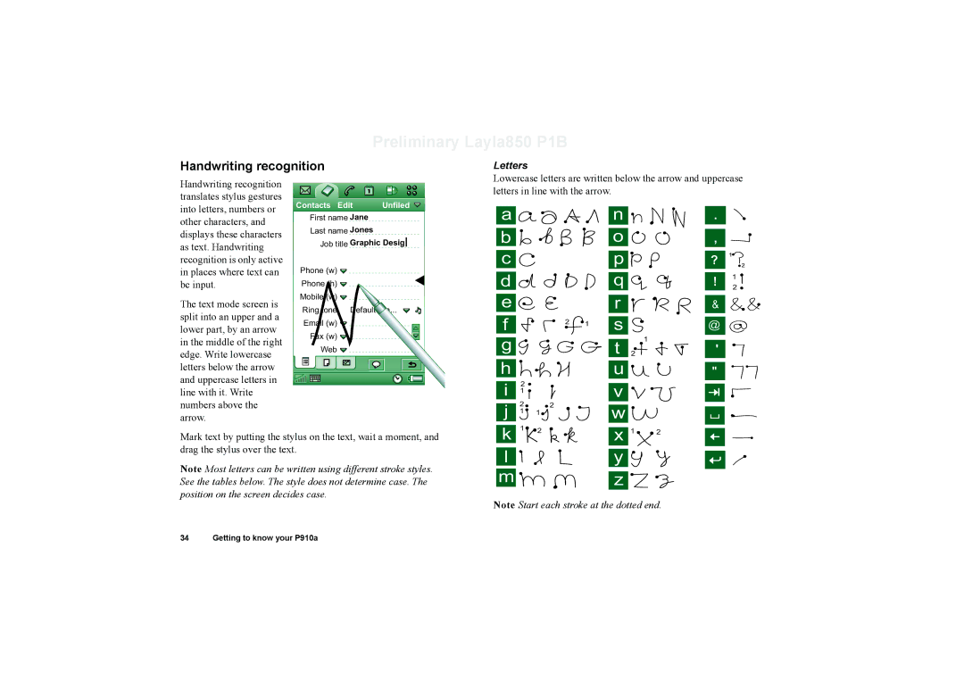 Sony Ericsson P910a manual Handwriting recognition, Contacts Edit 