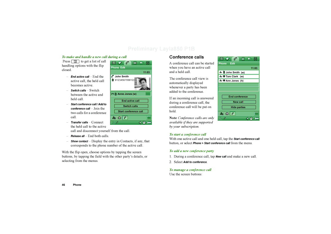 Sony Ericsson P910a manual Conference calls, To make and handle a new call during a call, To start a conference call 