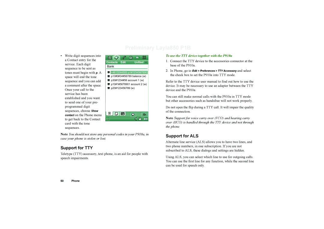 Sony Ericsson manual Support for TTY, Support for ALS, To use the TTY device together with the P910a 