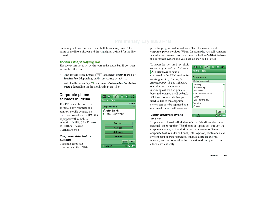 Sony Ericsson Corporate phone services in P910a, To select a line for outgoing calls, Programmable feature buttons 