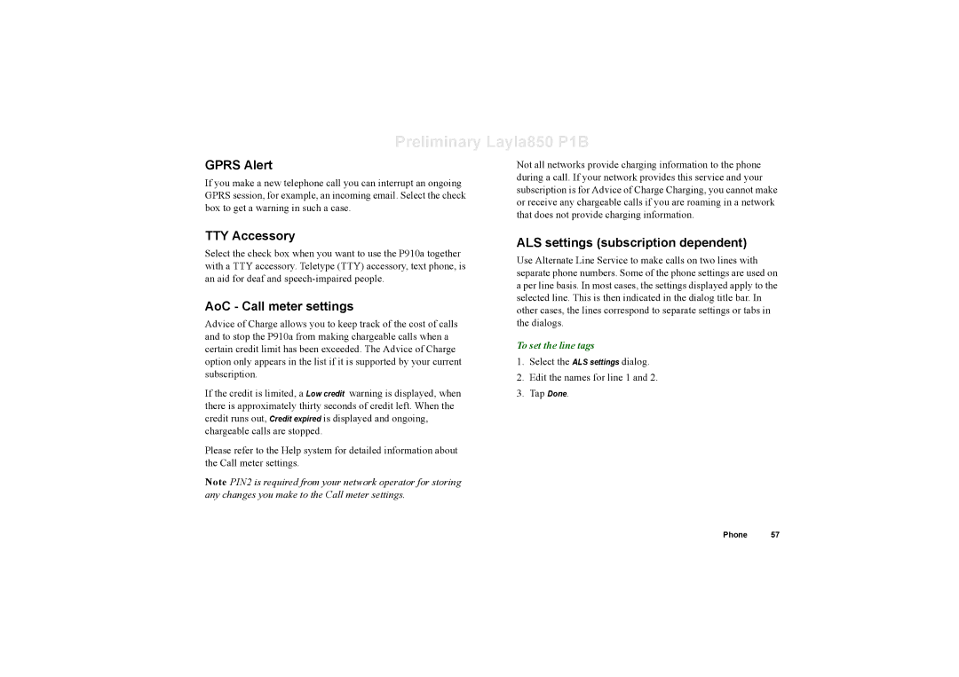 Sony Ericsson P910a manual Gprs Alert, TTY Accessory, AoC Call meter settings, ALS settings subscription dependent 