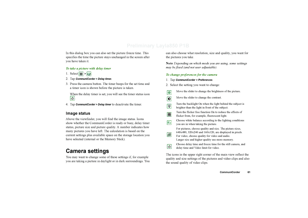 Sony Ericsson P910a manual Camera settings, Image status, To take a picture with delay timer 