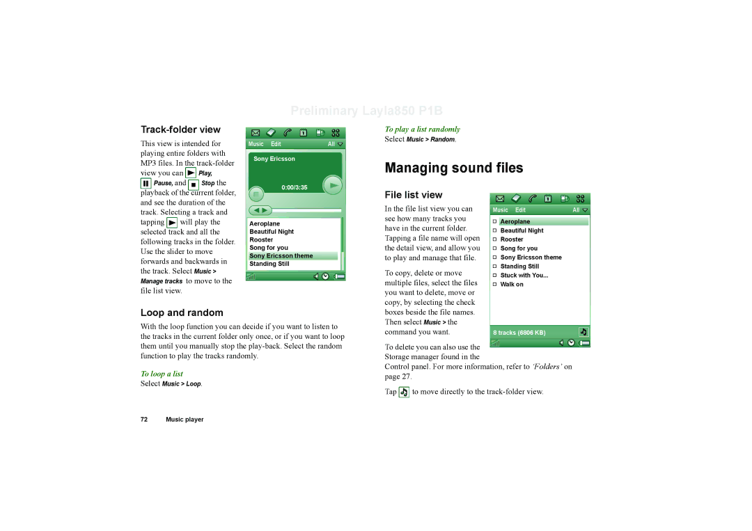 Sony Ericsson P910a manual Managing sound files, Track-folder view, File list view, Loop and random 