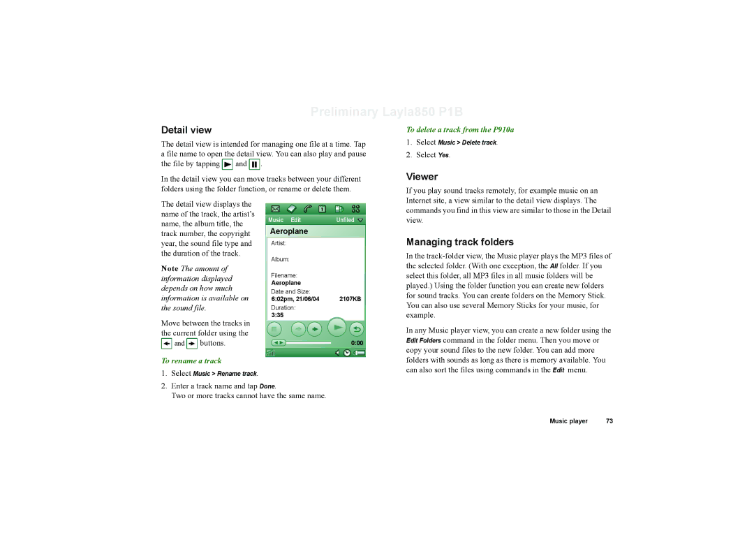 Sony Ericsson manual Viewer, Managing track folders, To delete a track from the P910a, Select Yes, To rename a track 