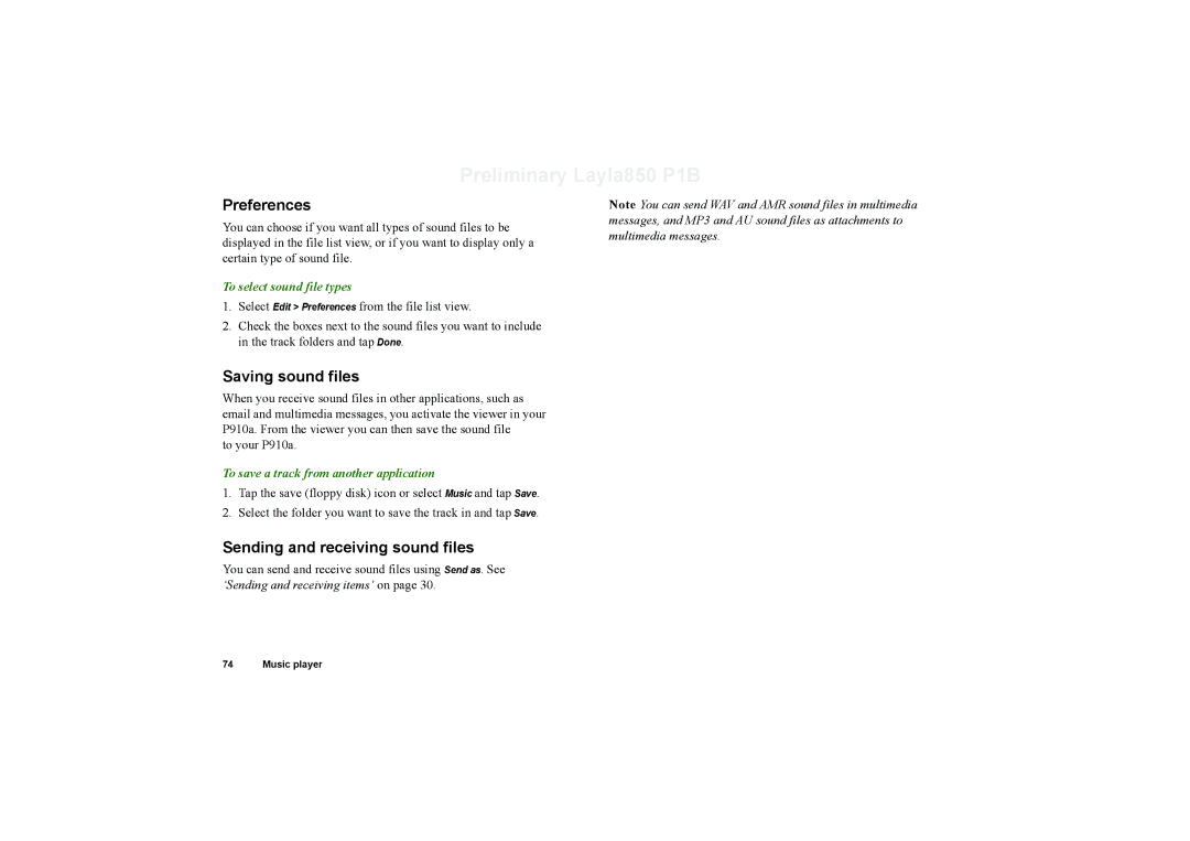 Sony Ericsson P910a manual Preferences, Saving sound files, Sending and receiving sound files, To select sound file types 