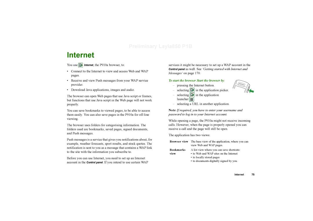 Sony Ericsson P910a manual Internet, To start the browser Start the browser by 