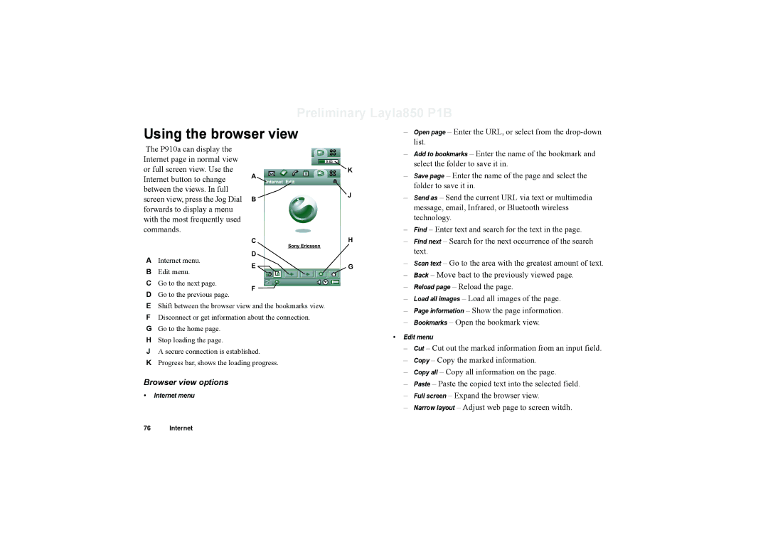 Sony Ericsson P910a manual Using the browser view, Browser view options 