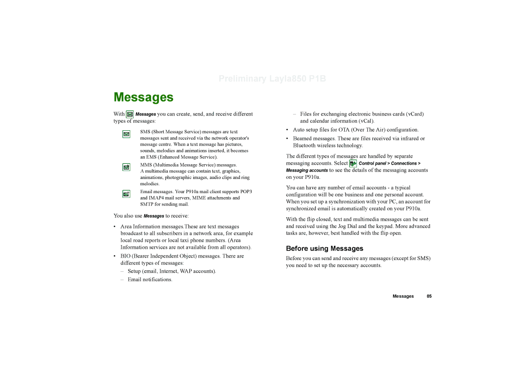 Sony Ericsson P910a manual Before using Messages 