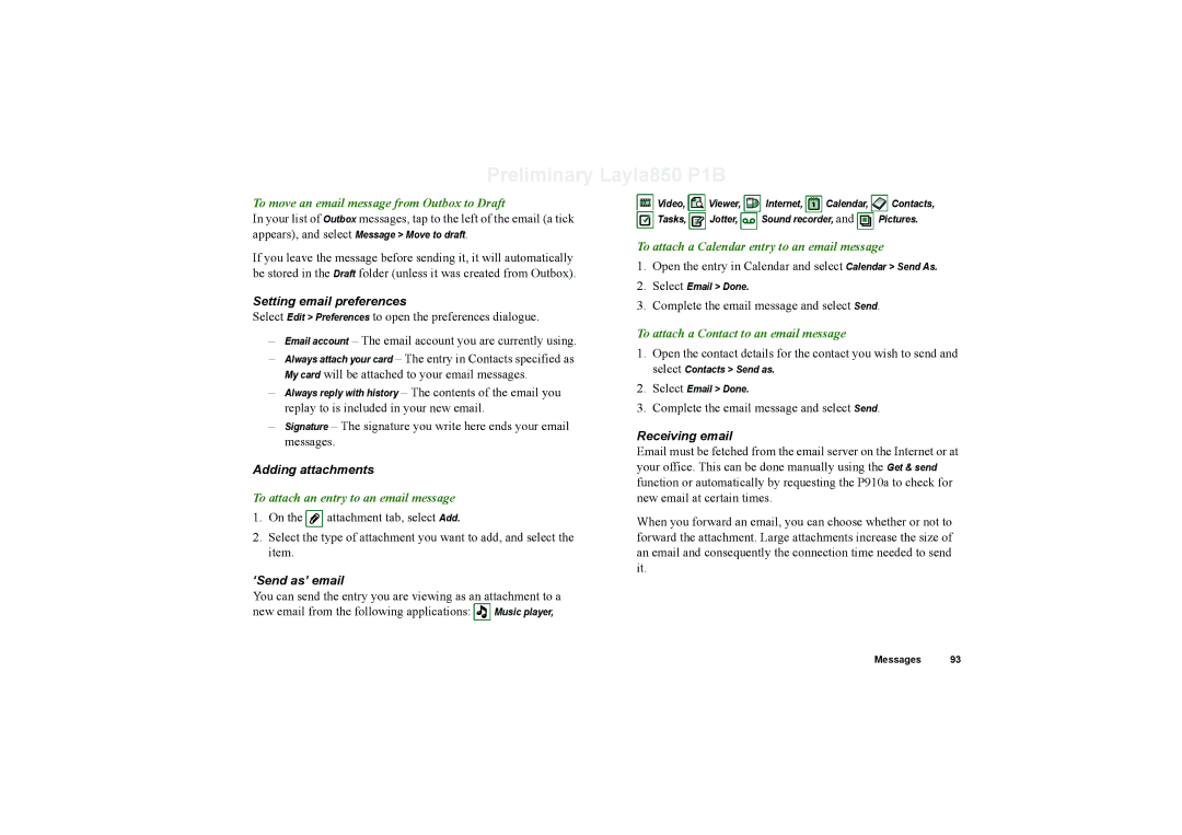 Sony Ericsson P910a manual Setting email preferences, Adding attachments, ‘Send as’ email, Receiving email 