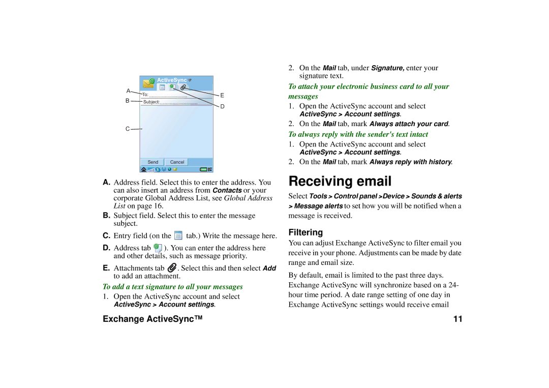 Sony Ericsson P990 manual Receiving email, Filtering, To add a text signature to all your messages 