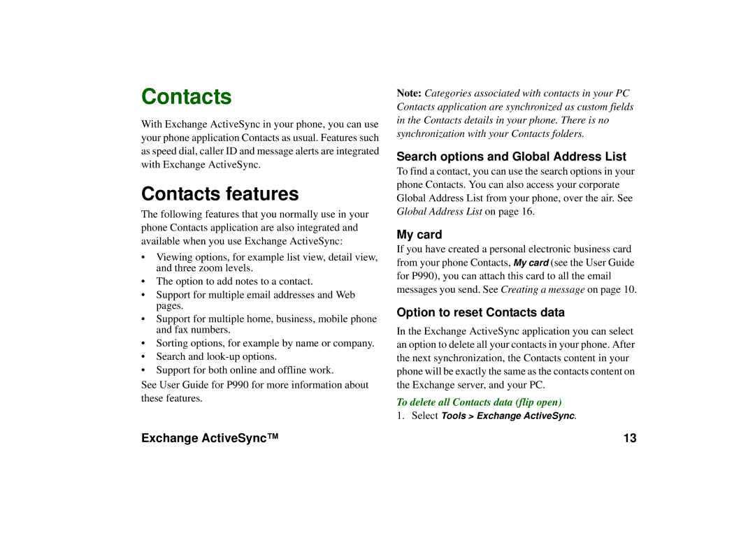 Sony Ericsson P990 Contacts features, Search options and Global Address List, My card, Option to reset Contacts data 