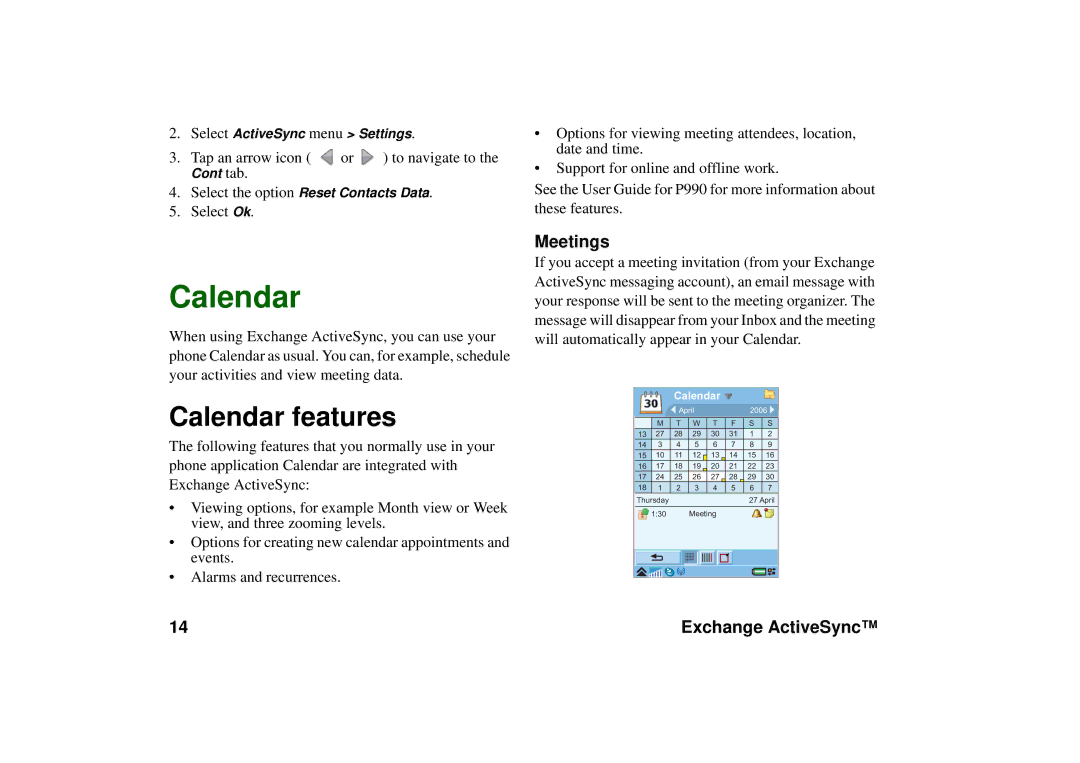 Sony Ericsson P990 manual Calendar features, Meetings 