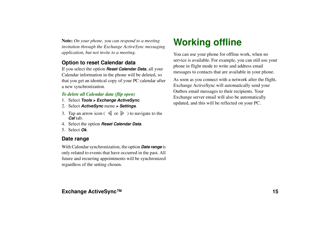 Sony Ericsson P990 manual Working offline, Option to reset Calendar data, Date range, To delete all Calendar data flip open 