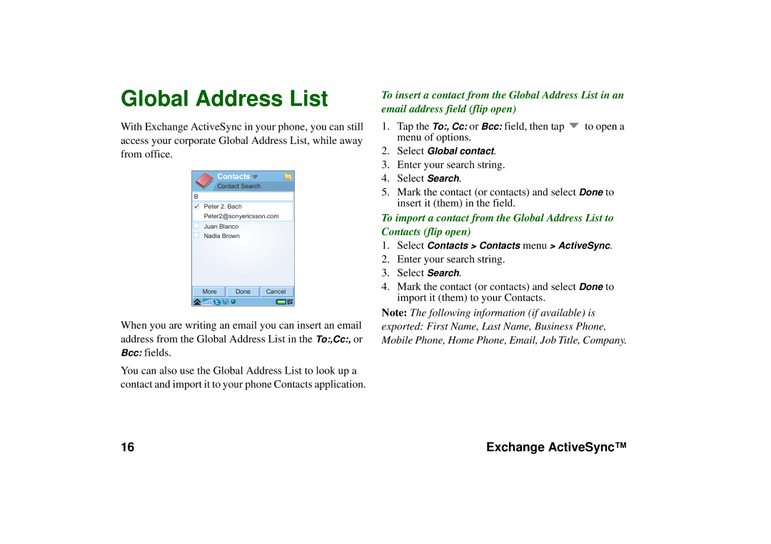 Sony Ericsson P990 manual Global Address List, Contacts 