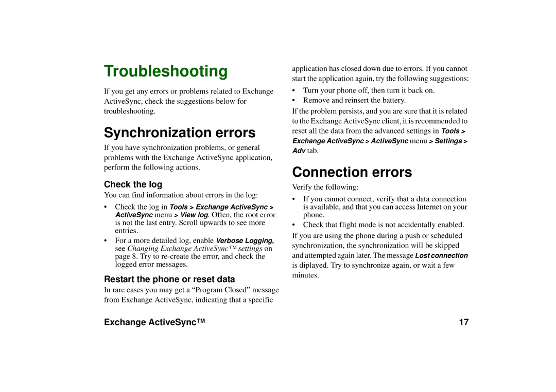 Sony Ericsson P990 manual Troubleshooting, Synchronization errors, Connection errors, Check the log 