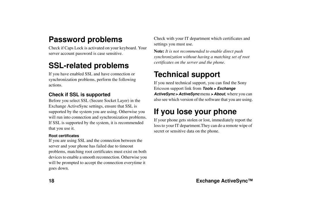 Sony Ericsson P990 manual Password problems, SSL-related problems, Technical support, If you lose your phone 