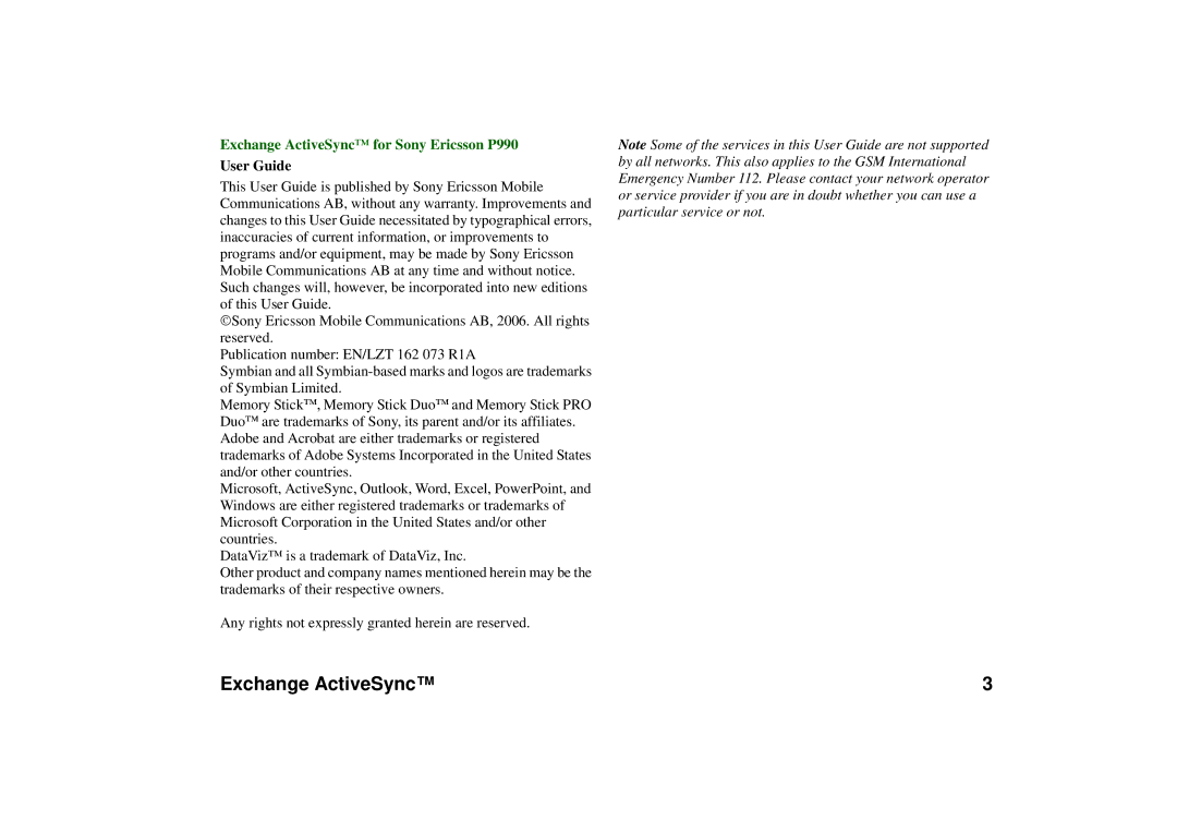 Sony Ericsson manual Exchange ActiveSync for Sony Ericsson P990 User Guide 