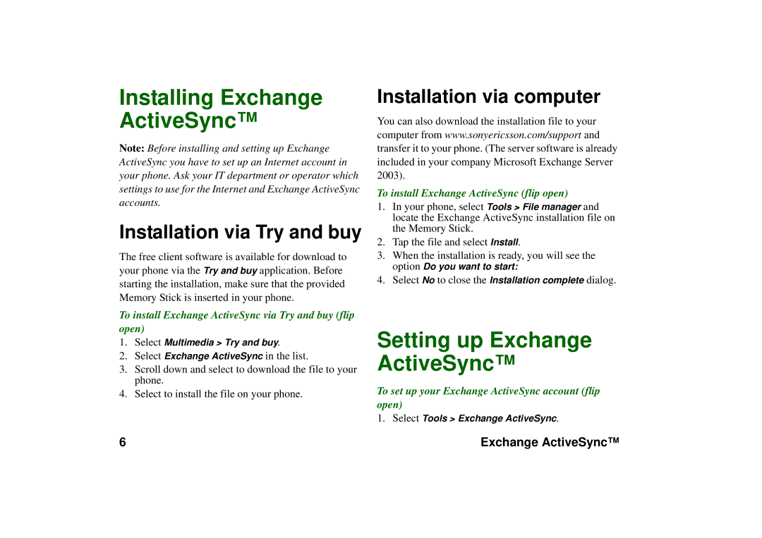 Sony Ericsson P990 manual Installing Exchange ActiveSync, Setting up Exchange ActiveSync, Installation via Try and buy 