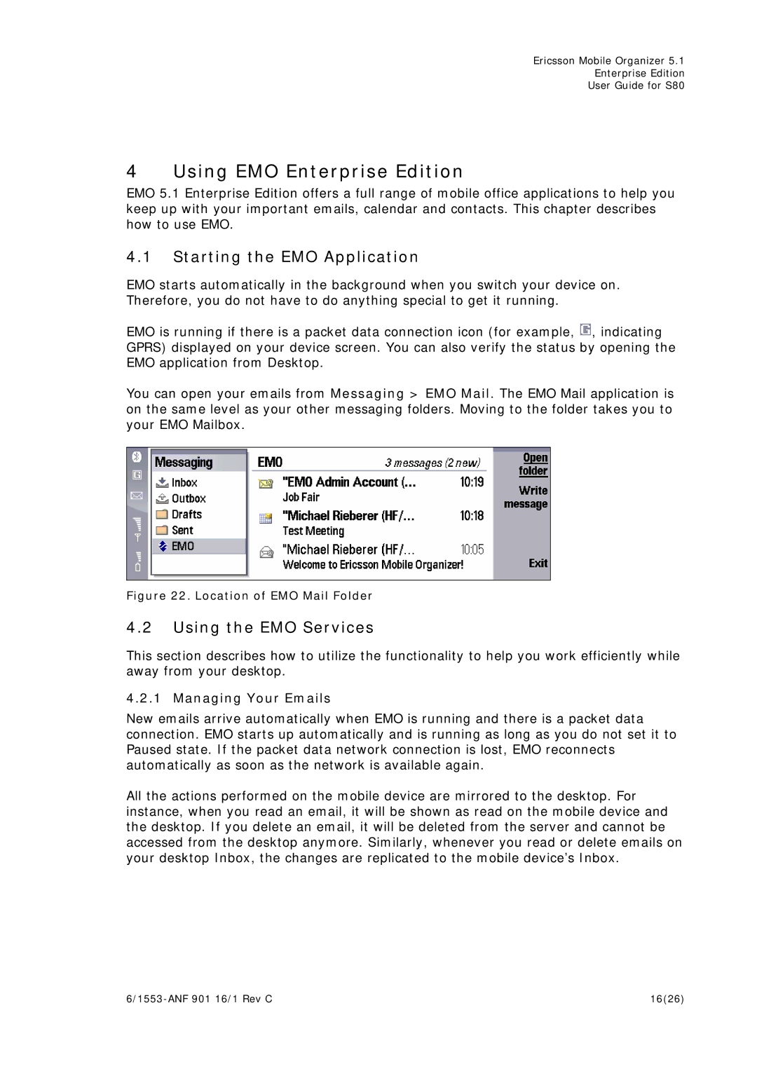 Sony Ericsson S80 Using EMO Enterprise Edition, Starting the EMO Application, Using the EMO Services, Managing Your Emails 