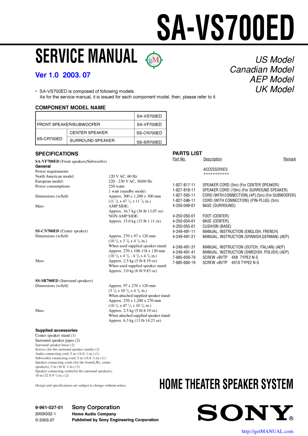 Sony Ericsson SA-VS700ED specifications Component Model Name, Specifications, Parts List 