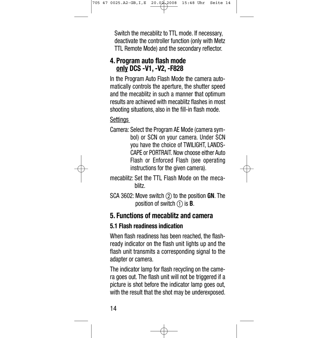 Sony Ericsson SCA 3602 M4 Functions of mecablitz and camera, Settings, Mecablitz Set the TTL Flash Mode on the meca- blitz 