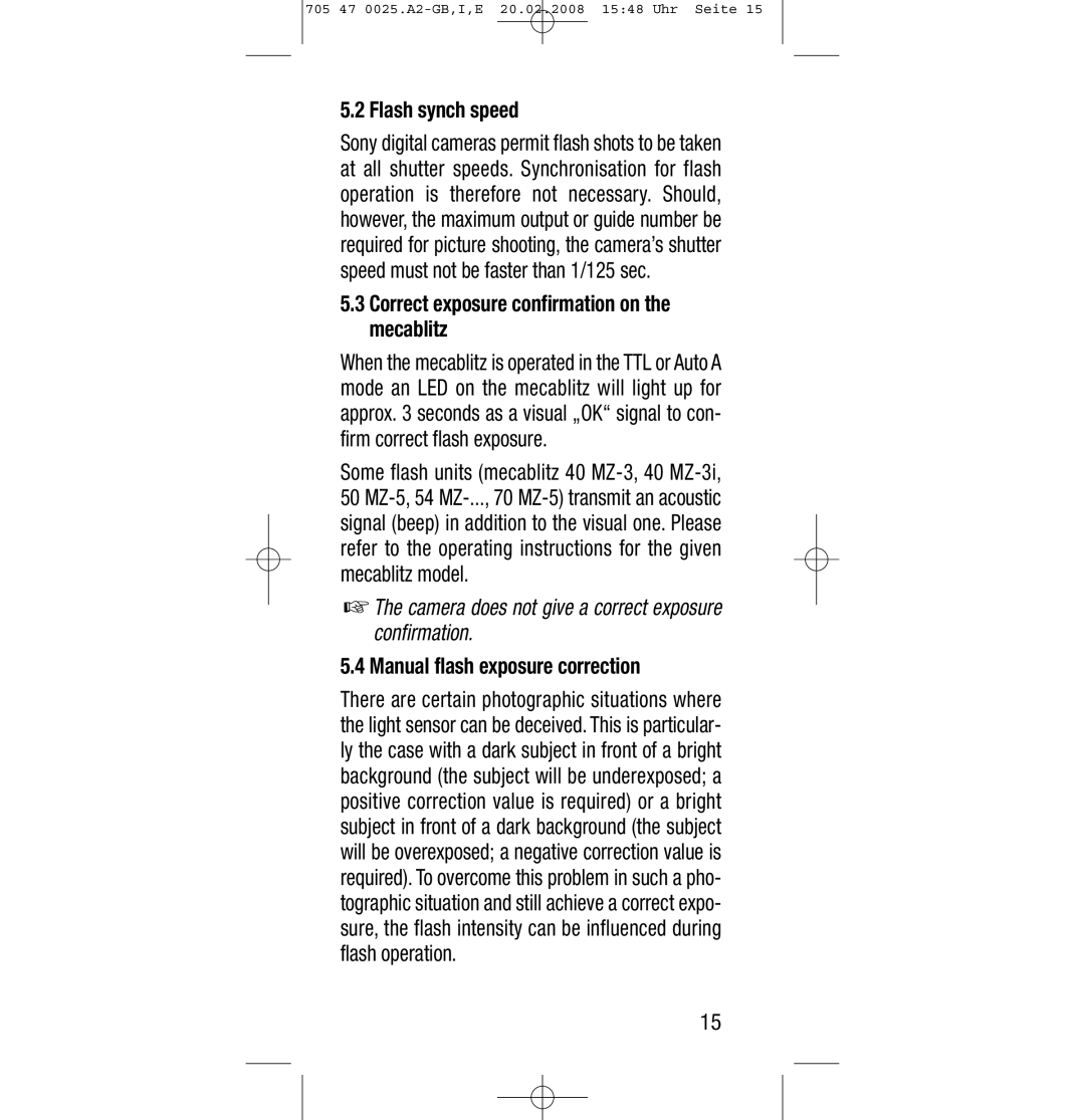 Sony Ericsson SCA 3602 M4 manual Flash synch speed, Manual flash exposure correction 