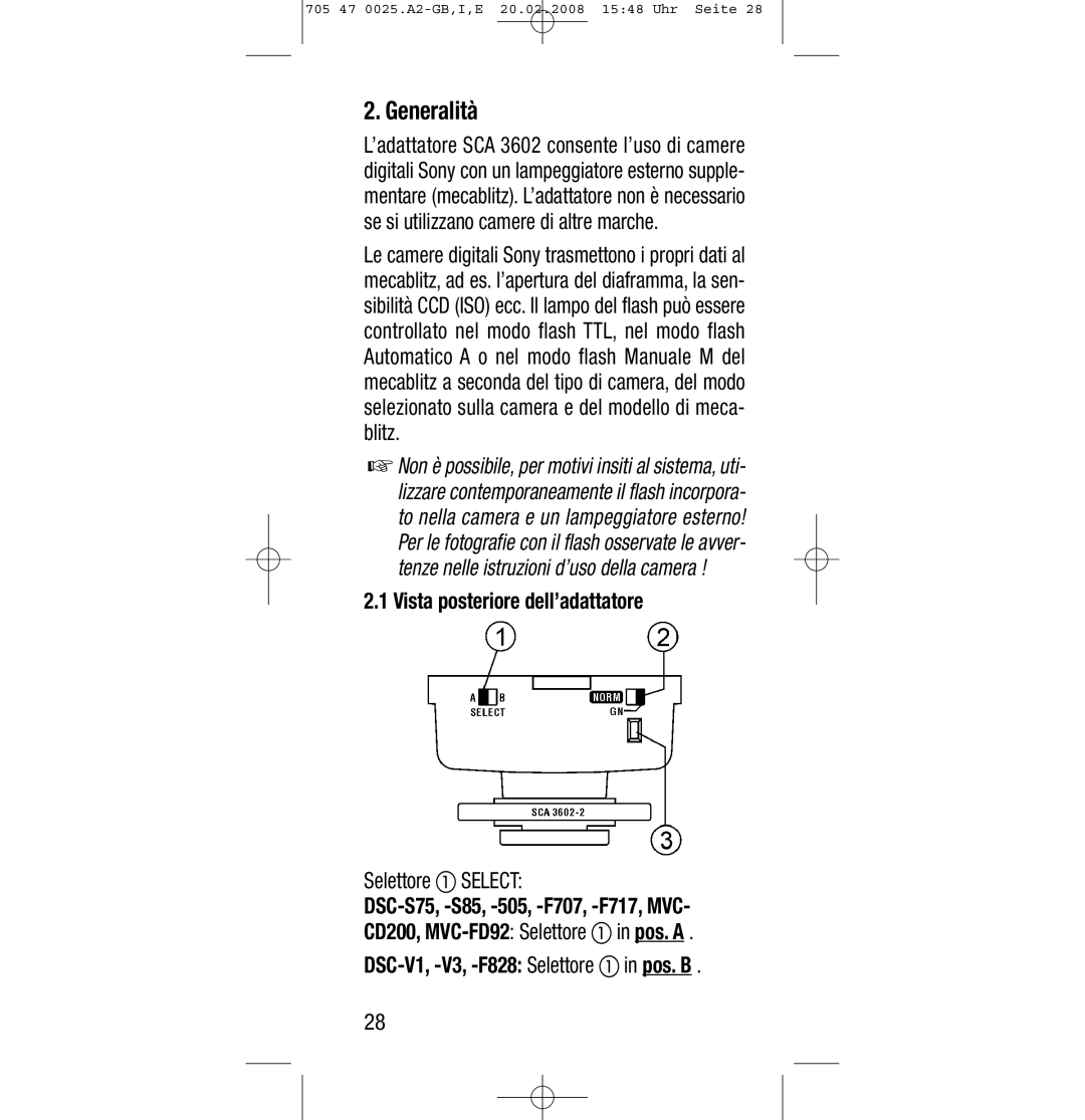 Sony Ericsson SCA 3602 M4 manual Generalità, Vista posteriore dell’adattatore, Selettore Select 