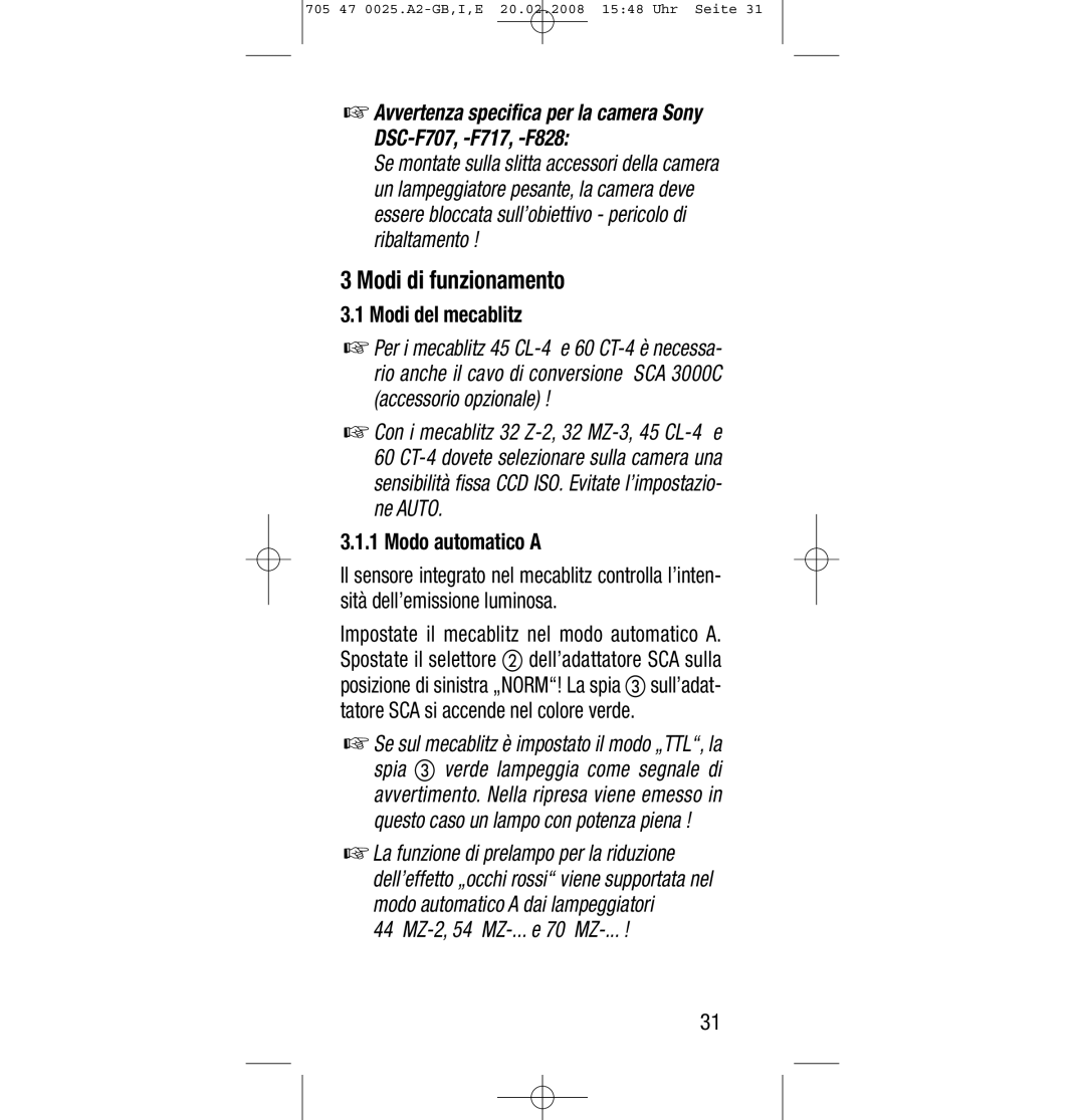 Sony Ericsson SCA 3602 M4 manual Modi di funzionamento, Modi del mecablitz, Modo automatico a 