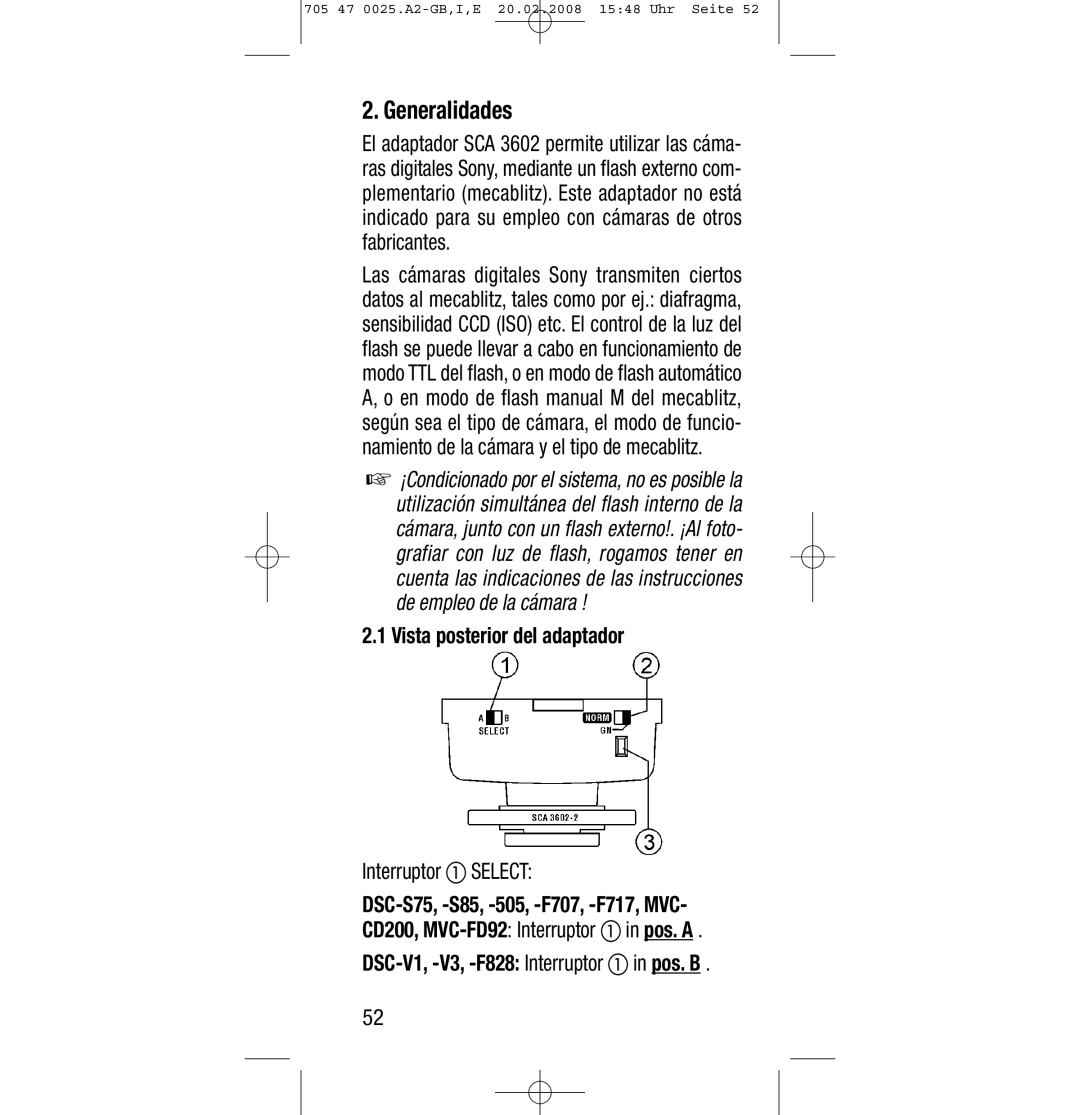 Sony Ericsson SCA 3602 M4 manual Generalidades, Vista posterior del adaptador, Interruptor Select 