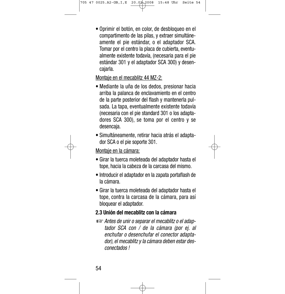 Sony Ericsson SCA 3602 M4 manual Montaje en el mecablitz 44 MZ-2, Montaje en la cámara, Unión del mecablitz con la cámara 
