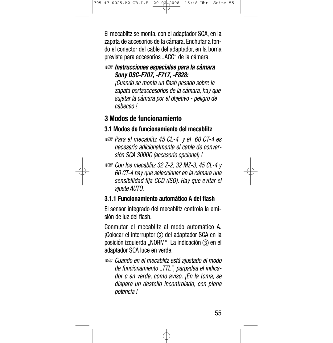 Sony Ericsson SCA 3602 M4 manual Modos de funcionamiento del mecablitz, Funcionamiento automático a del flash 