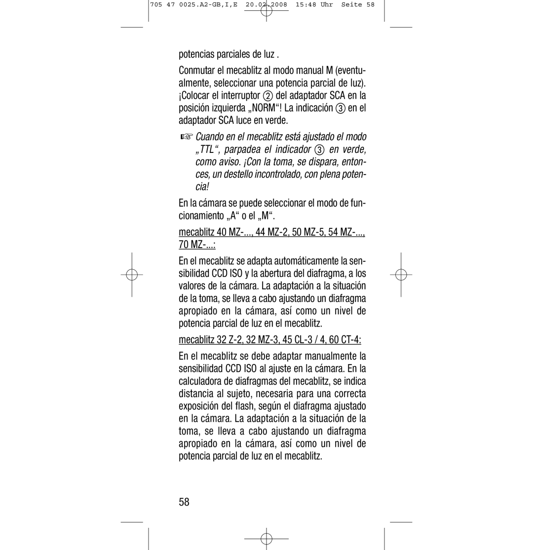 Sony Ericsson SCA 3602 M4 manual Potencias parciales de luz, Adaptador SCA luce en verde 