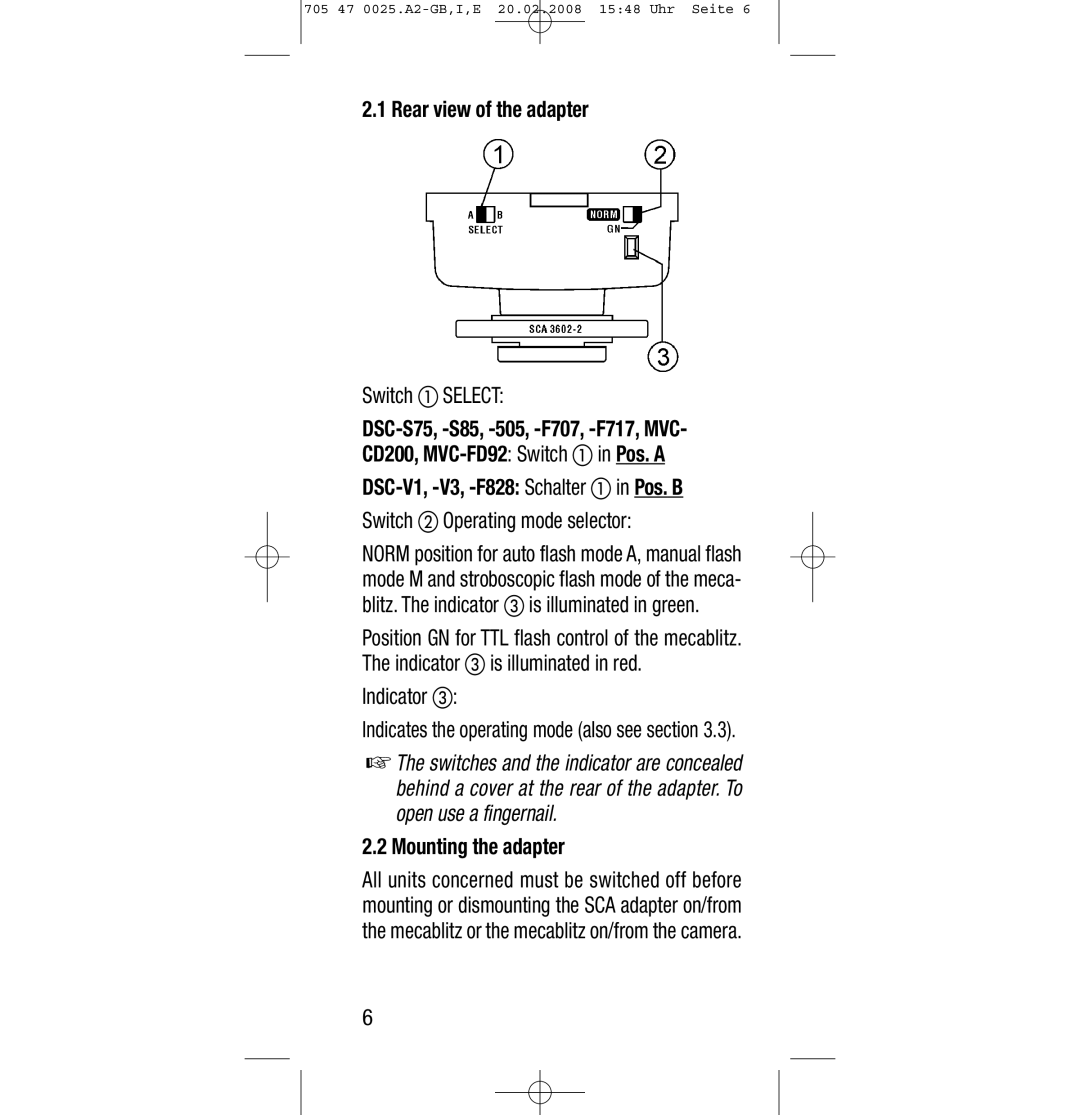 Sony Ericsson SCA 3602 M4 manual Rear view of the adapter Switch, Indicator Indicates the operating mode also see section 