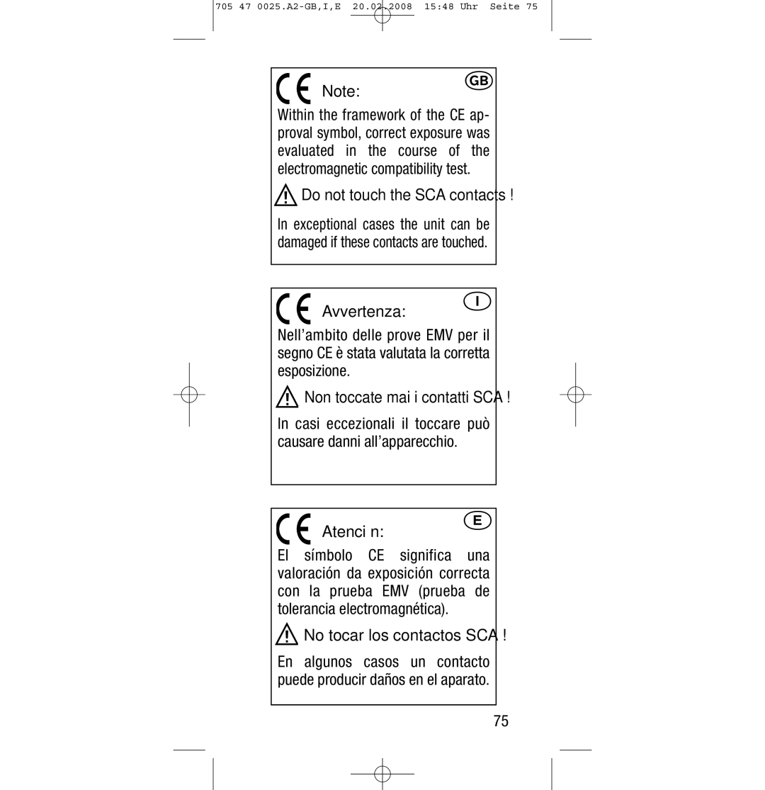 Sony Ericsson SCA 3602 M4 manual Avvertenza, Non toccate mai i contatti SCA, Atención, No tocar los contactos SCA 